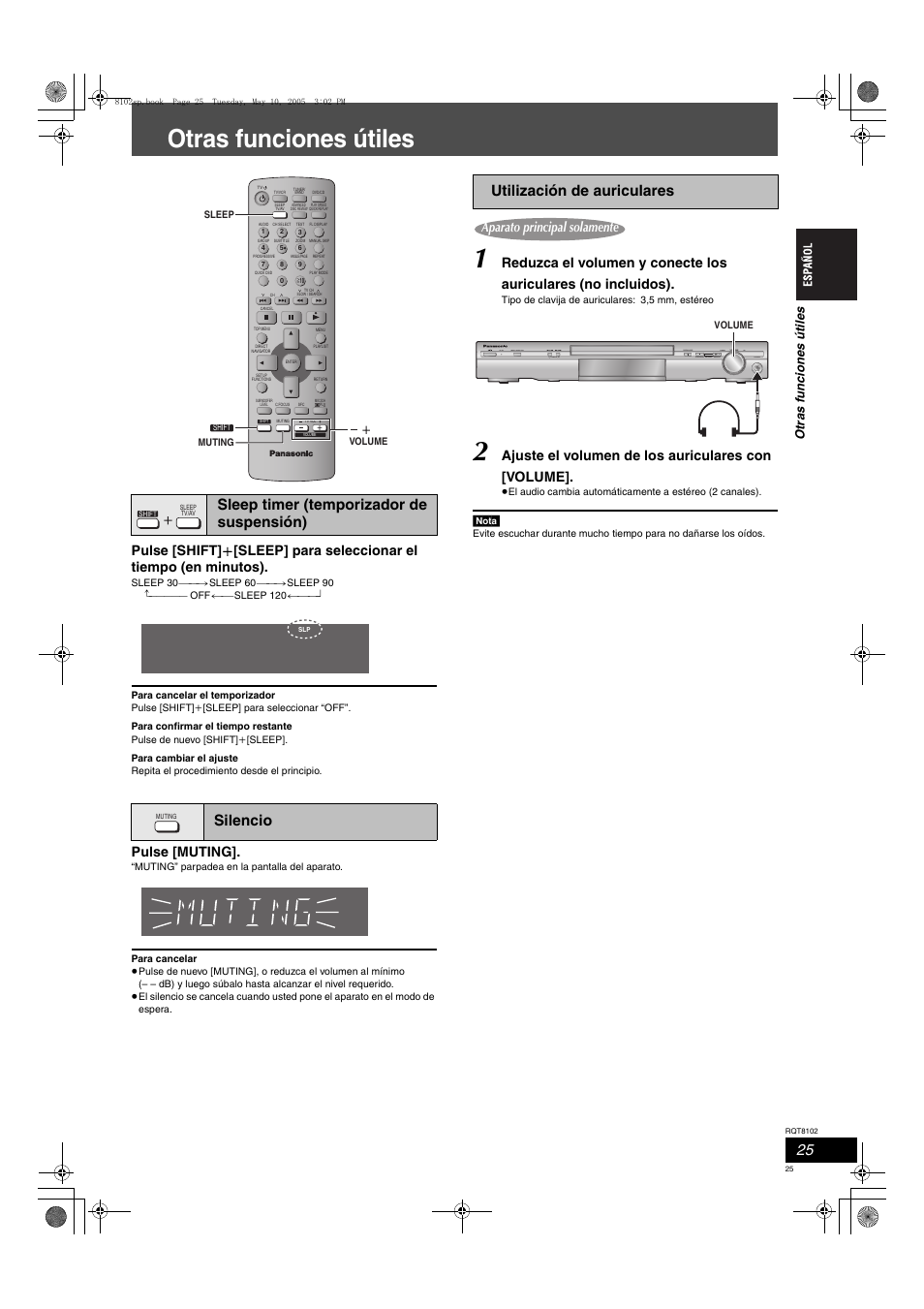 Otras funciones útiles, Sleep timer (temporizador de suspensión) silencio, Utilización de auriculares | Pulse [muting, Ajuste el volumen de los auriculares con [volume, Otra s fu ncione s út iles | Panasonic SCHT335 User Manual | Page 25 / 92