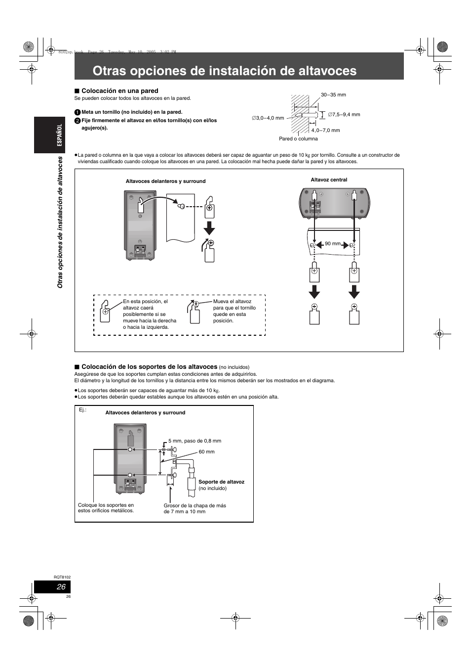 Otras opciones de instalación de altavoces | Panasonic SCHT335 User Manual | Page 26 / 92