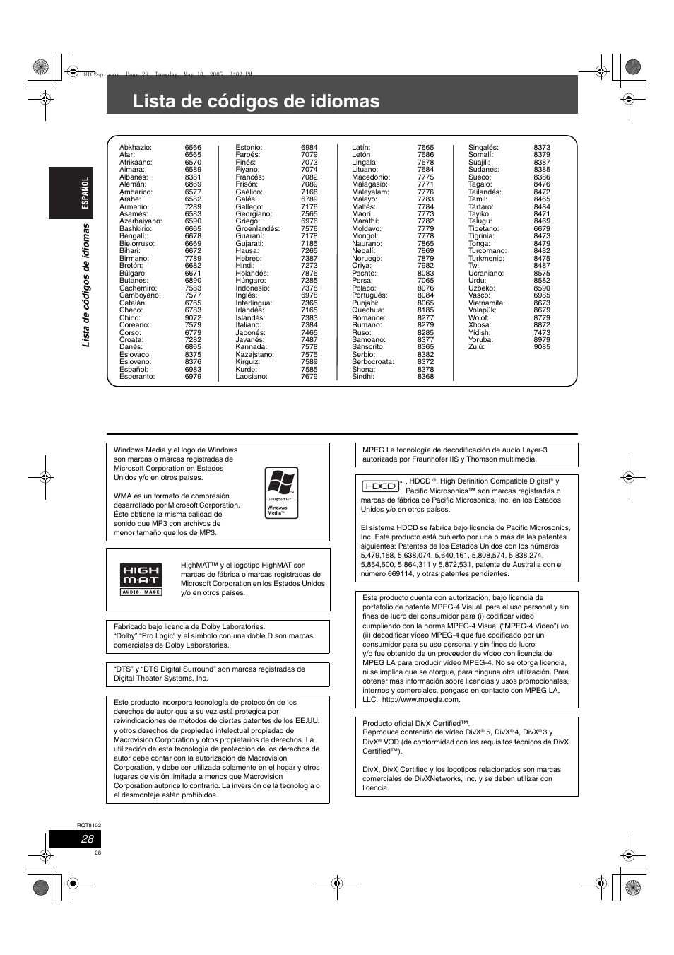 Lista de códigos de idiomas | Panasonic SCHT335 User Manual | Page 28 / 92