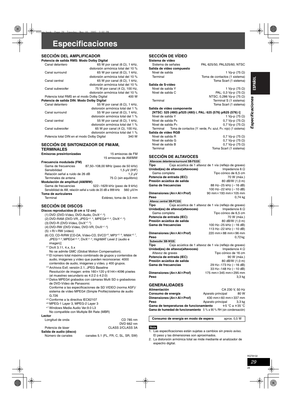 Especificaciones | Panasonic SCHT335 User Manual | Page 29 / 92