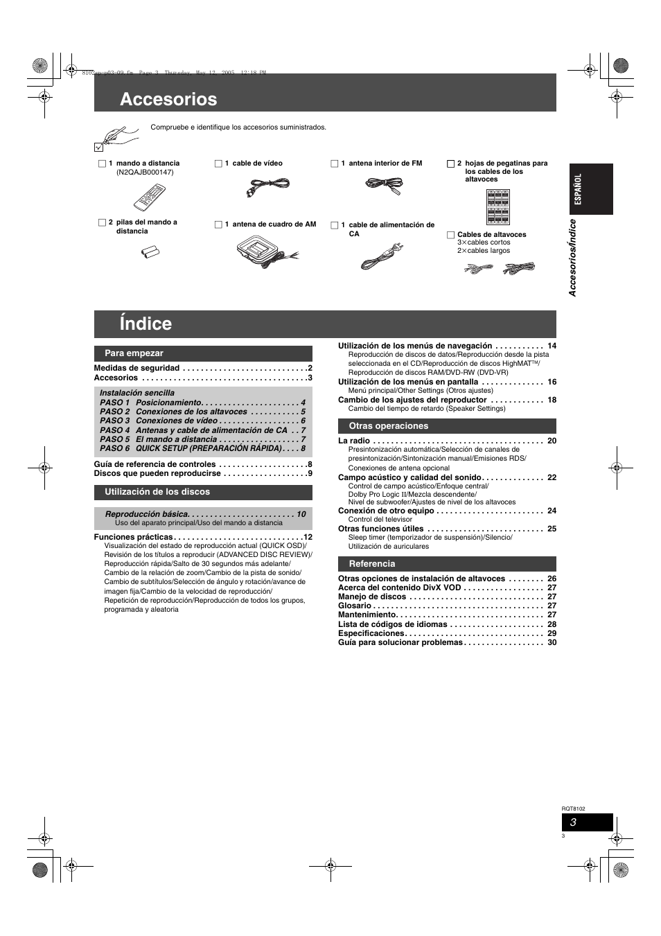 Accesorios, Índice | Panasonic SCHT335 User Manual | Page 3 / 92