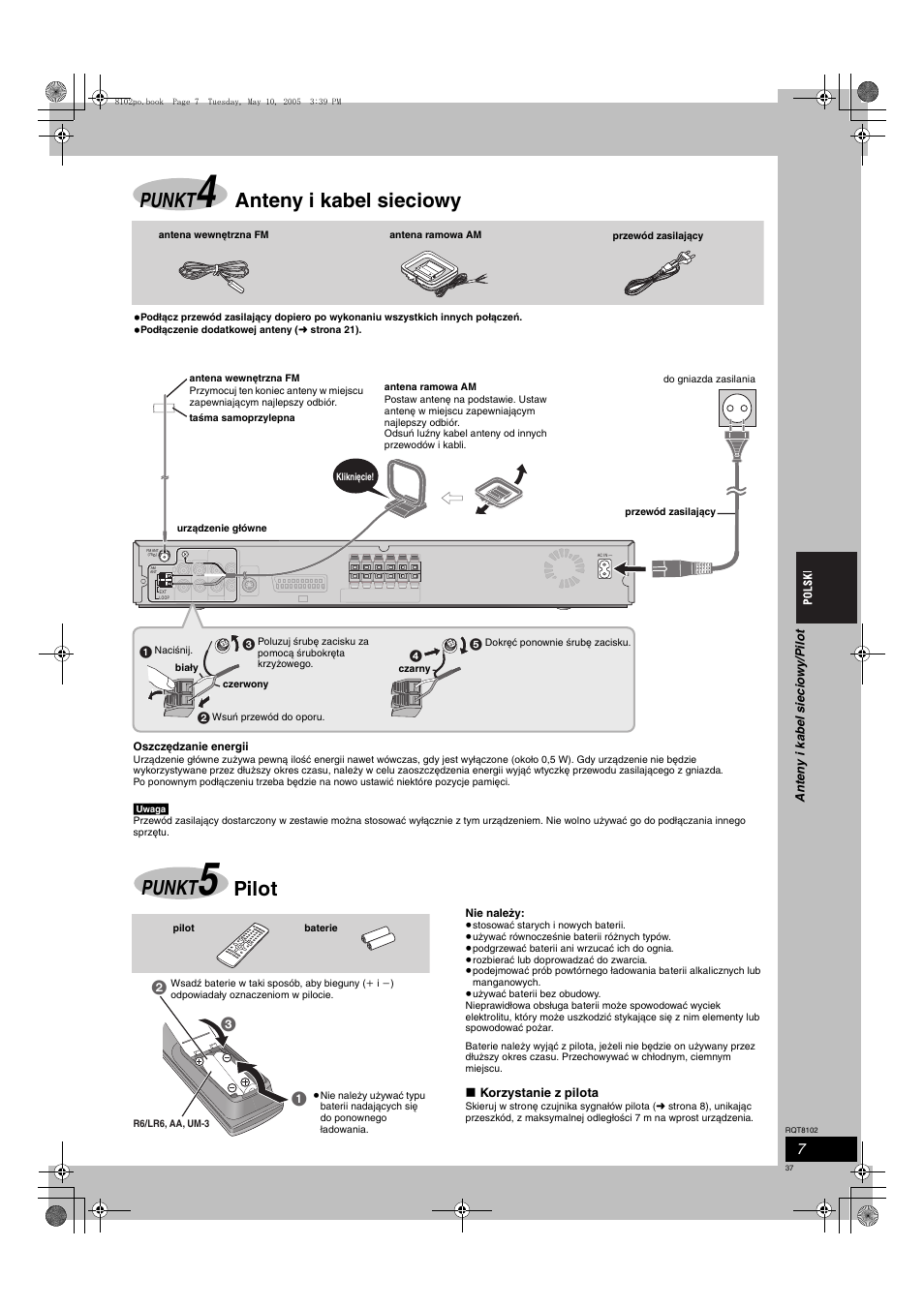 Punkt, Anteny i kabel sieciowy, Pilot | Panasonic SCHT335 User Manual | Page 37 / 92