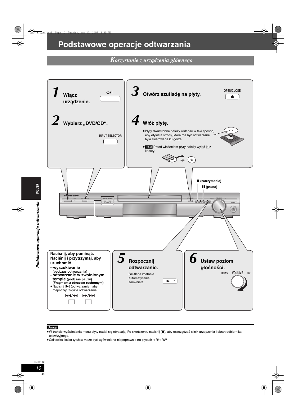 Podstawowe operacje odtwarzania, Orzystanie z urządzenia głównego | Panasonic SCHT335 User Manual | Page 40 / 92