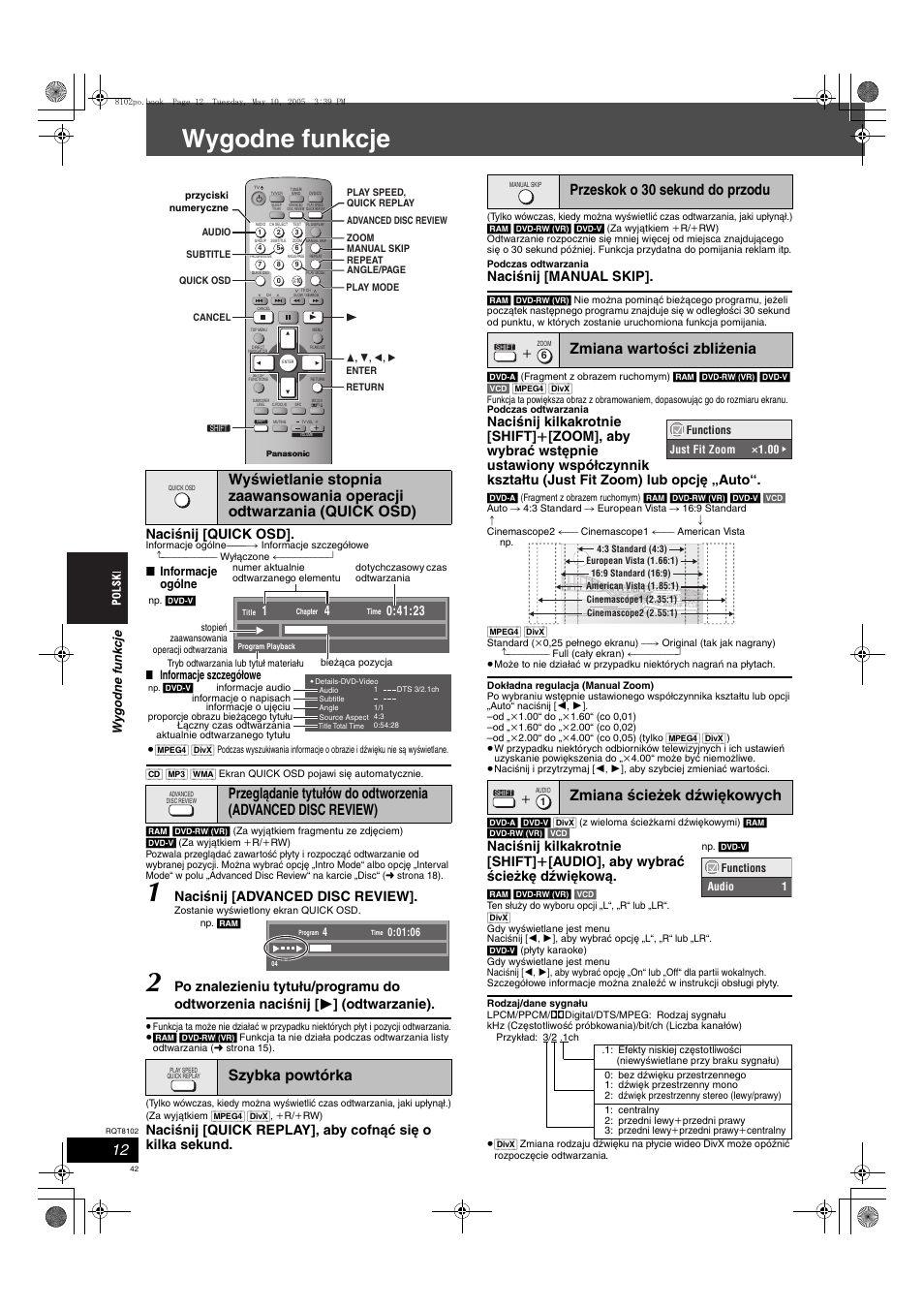 Wygodne funkcje, Naciśnij [quick osd, Naciśnij [advanced disc review | Naciśnij [manual skip, Wy go dne f unkc je, Informacje ogólne, Informacje szczegółowe | Panasonic SCHT335 User Manual | Page 42 / 92