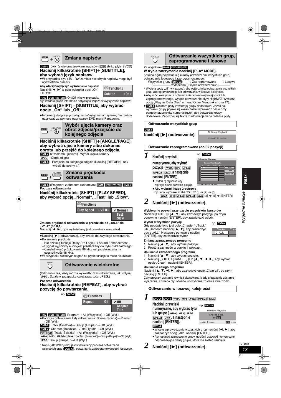 Naciśnij [ 1 ] (odtwarzanie), Naciśnij przyciski numeryczne, aby wybrać pozycje, A następnie naciśnij [enter]) | Panasonic SCHT335 User Manual | Page 43 / 92