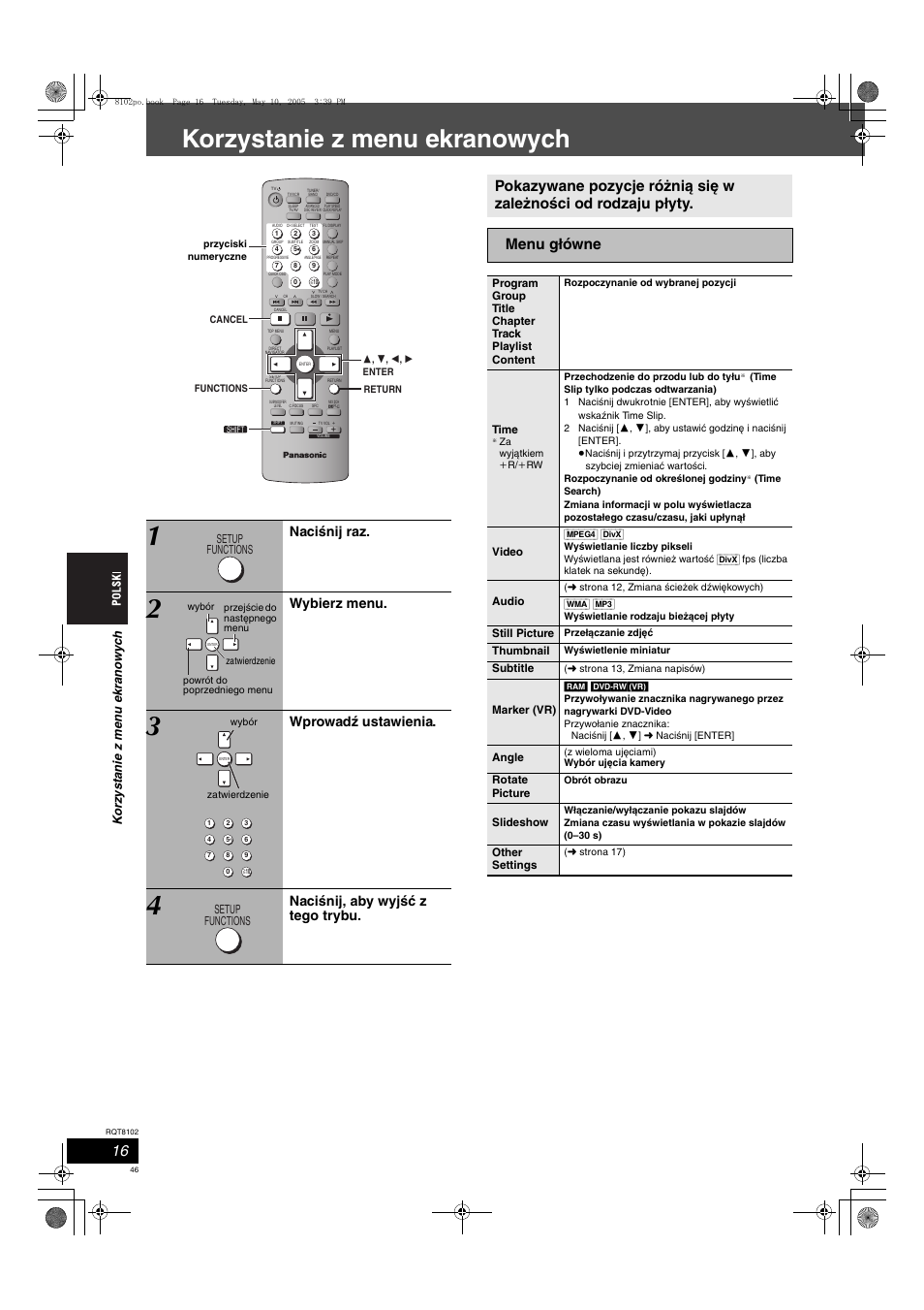 Korzystanie z menu ekranowych, Naciśnij raz, Wybierz menu | Wprowadź ustawienia, Naciśnij, aby wyjść z tego trybu | Panasonic SCHT335 User Manual | Page 46 / 92