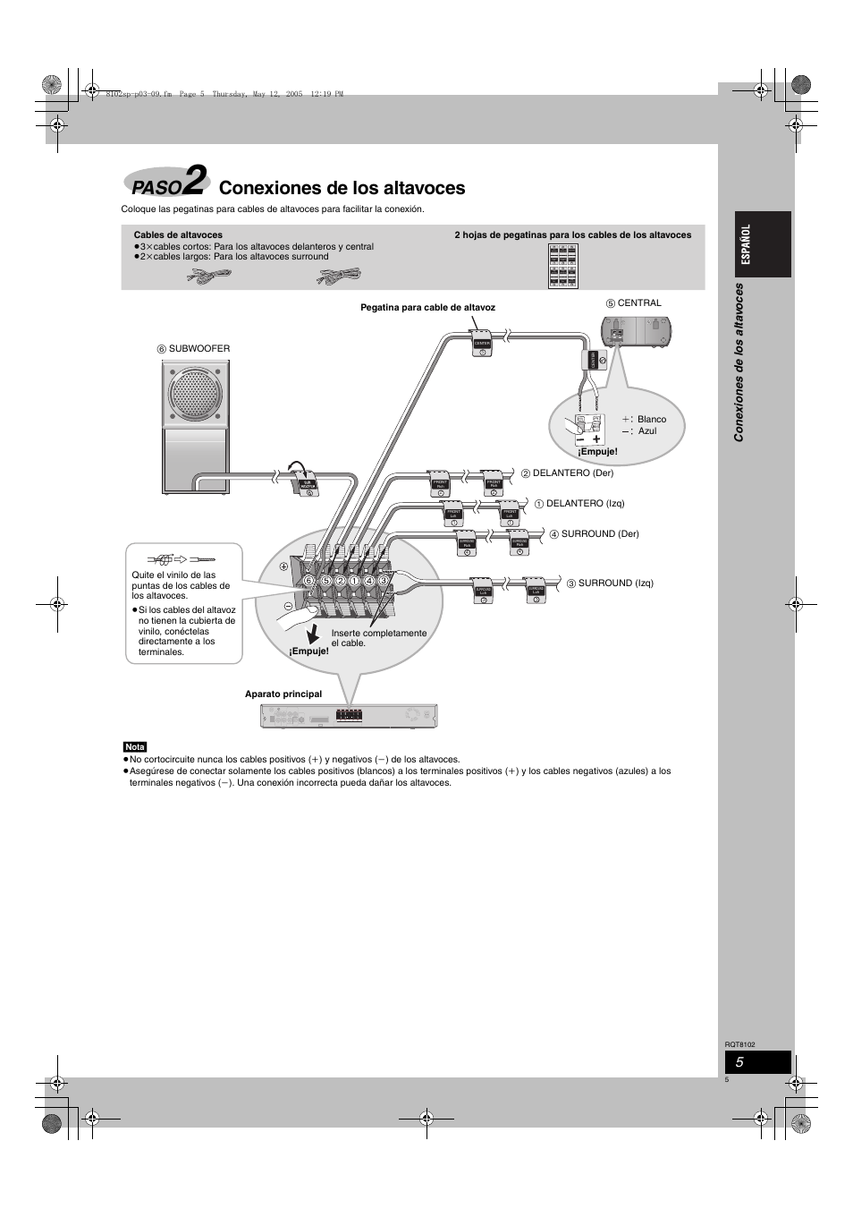 Paso, Conexiones de los altavoces, Tv audio in tv tv audi udio in in tv audio in | Panasonic SCHT335 User Manual | Page 5 / 92