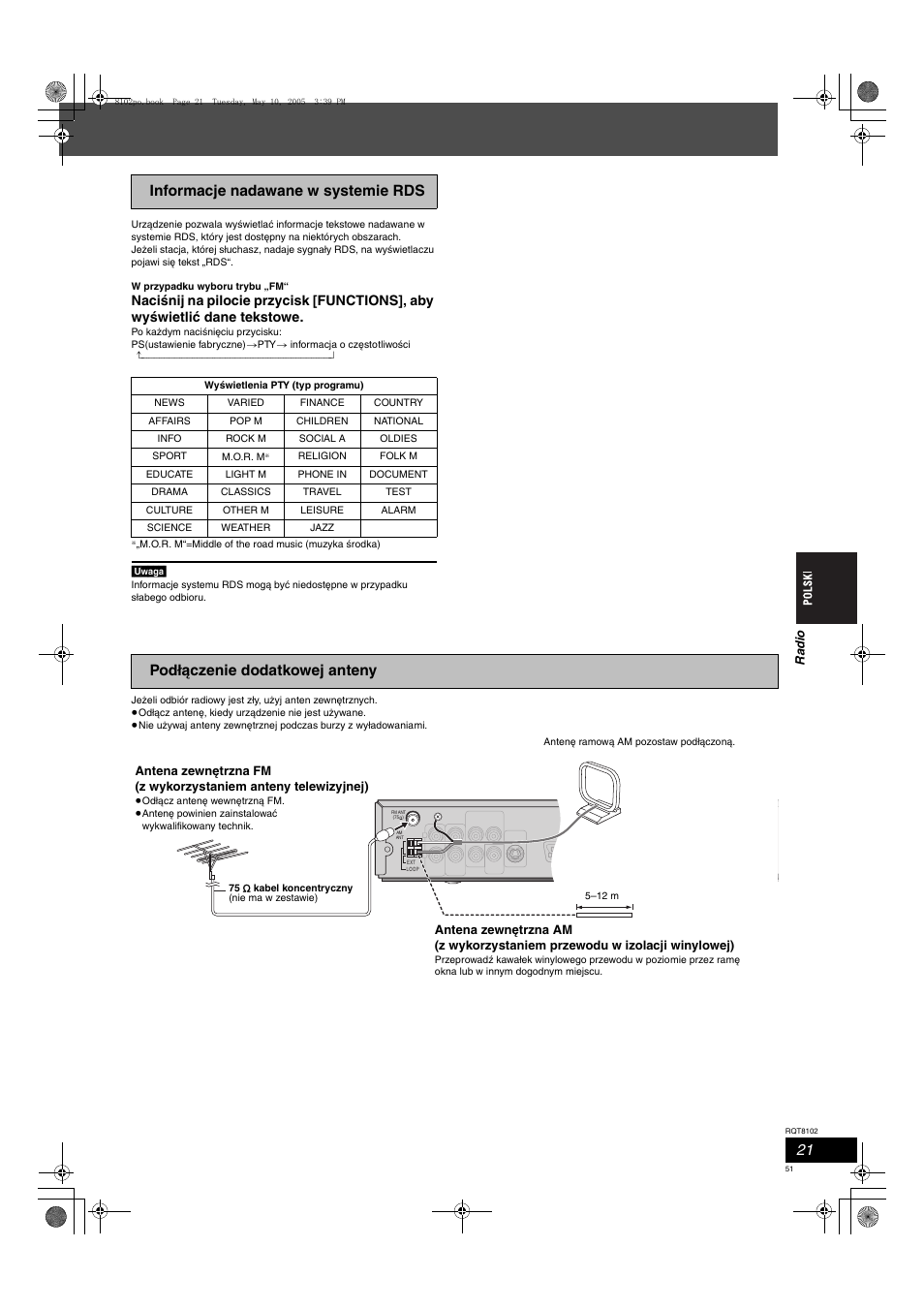 Informacje nadawane w systemie rds, Podłączenie dodatkowej anteny, Ra dio | Panasonic SCHT335 User Manual | Page 51 / 92