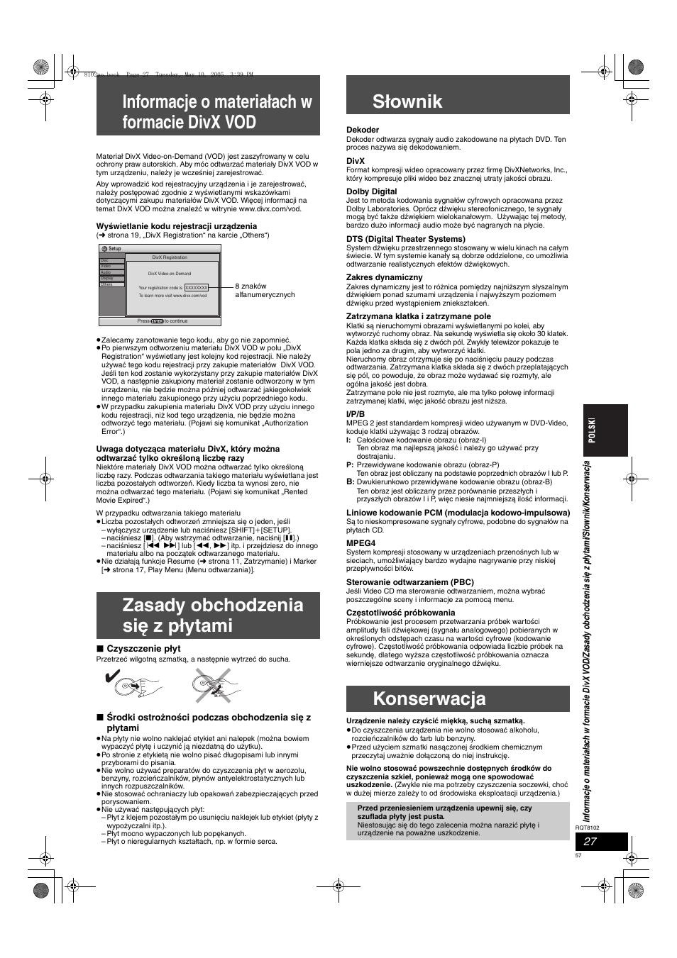 Informacje o materiałach w formacie divx vod, Zasady obchodzenia się z płytami, Słownik | Konserwacja | Panasonic SCHT335 User Manual | Page 57 / 92