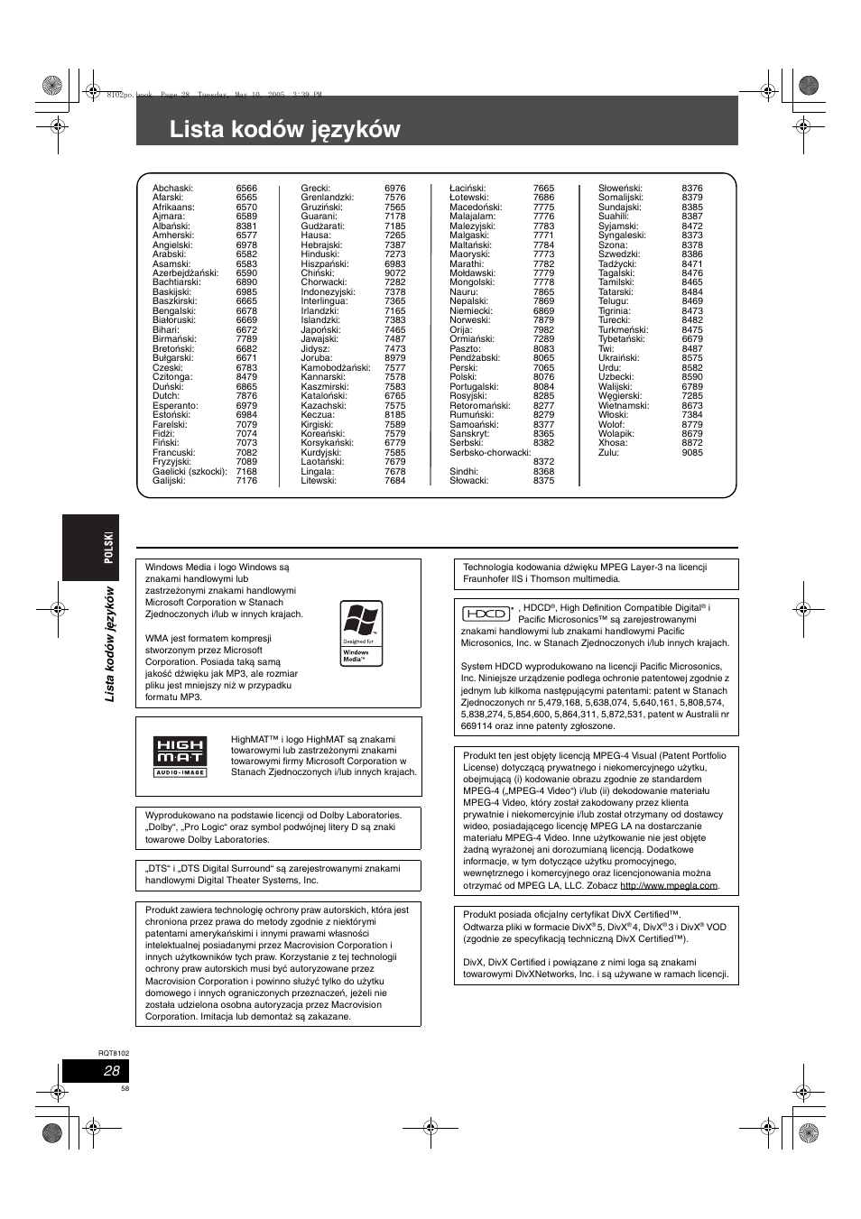 Lista kodów języków | Panasonic SCHT335 User Manual | Page 58 / 92