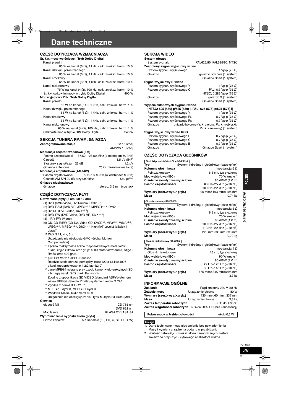 Dane techniczne | Panasonic SCHT335 User Manual | Page 59 / 92