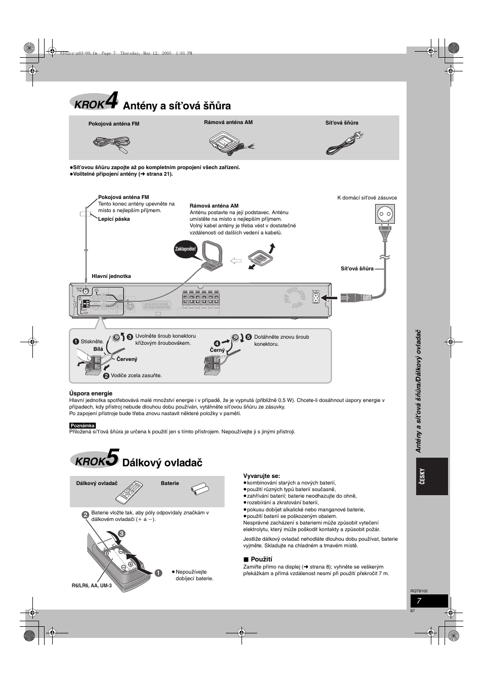 Krok, Antény a sít’ová šňůra, Dálkový ovladač | Panasonic SCHT335 User Manual | Page 67 / 92