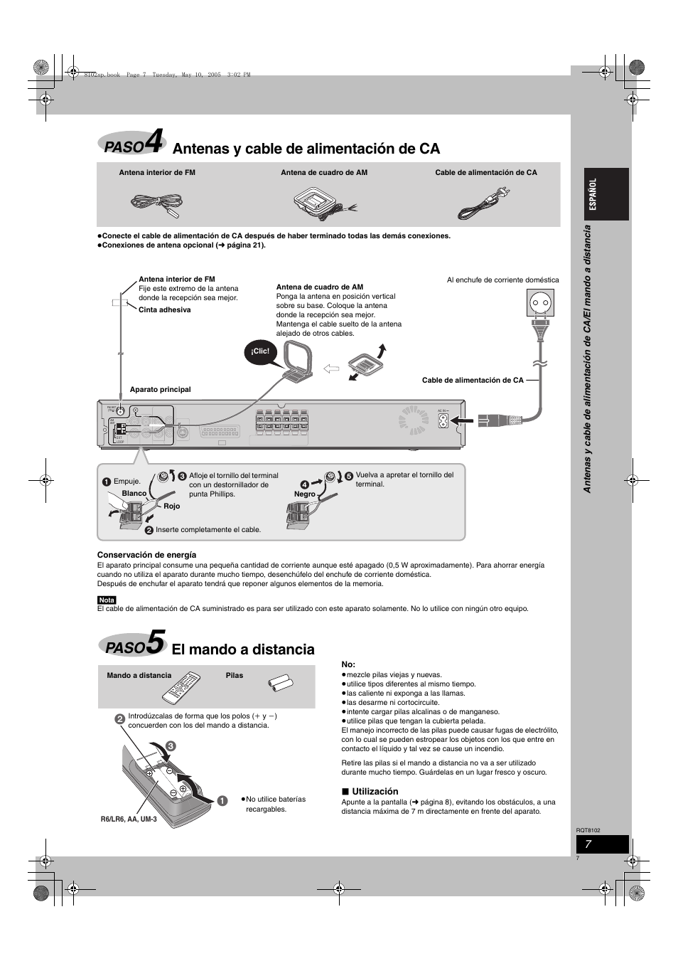 Paso, Antenas y cable de alimentación de ca, El mando a distancia | Panasonic SCHT335 User Manual | Page 7 / 92