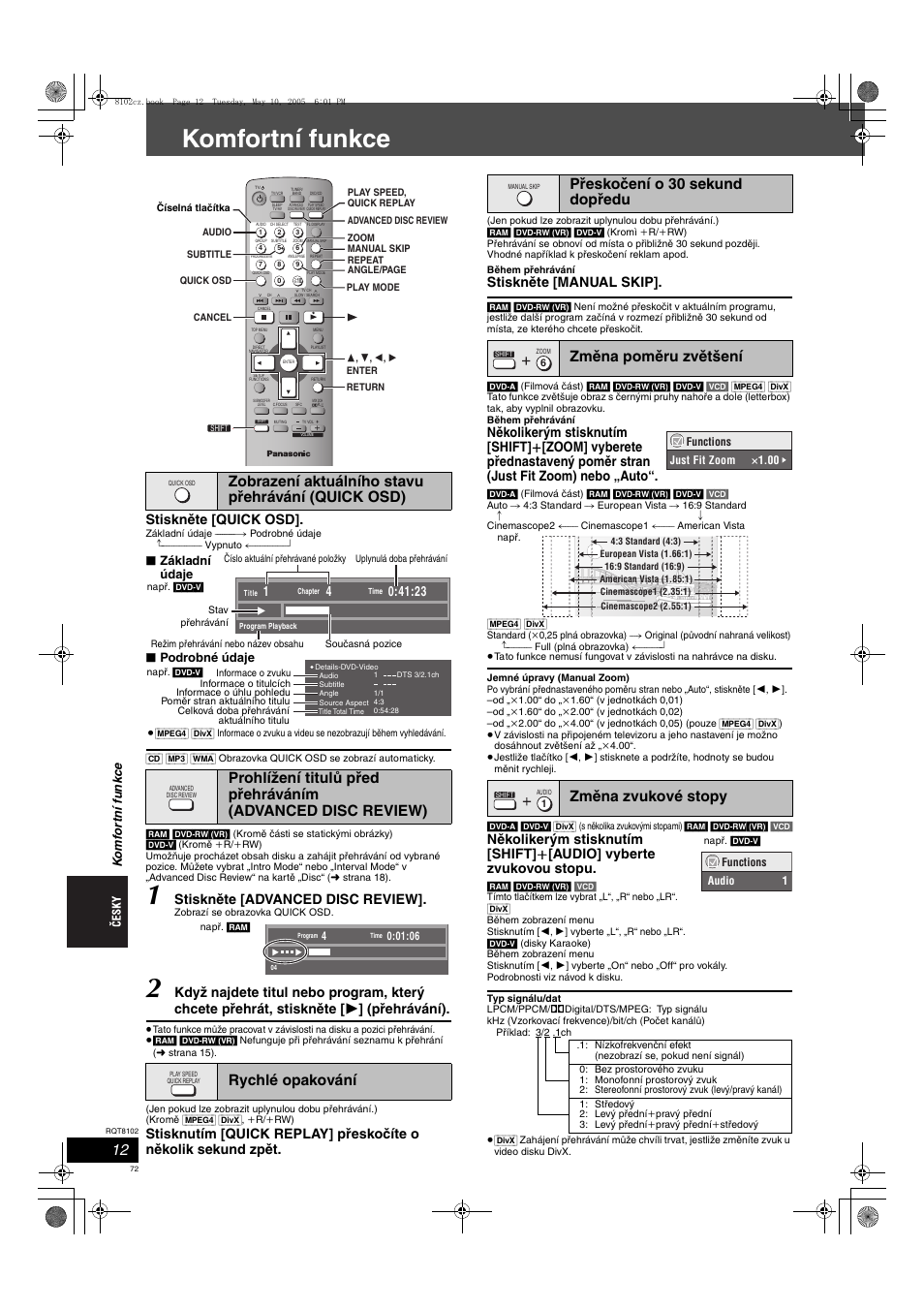 Komfortní funkce, Stiskněte [quick osd, Stiskněte [advanced disc review | Stiskněte [manual skip, Ko mf or tní fu nkc e, Základní údaje, Podrobné údaje | Panasonic SCHT335 User Manual | Page 72 / 92