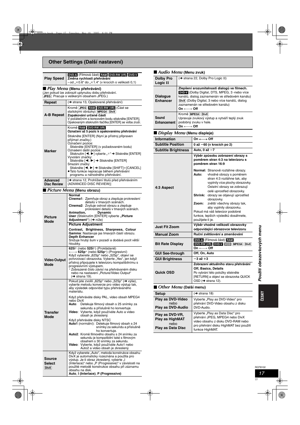 Other settings (další nastavení), Play menu, Picture menu | Audio menu, Display menu, Other menu | Panasonic SCHT335 User Manual | Page 77 / 92