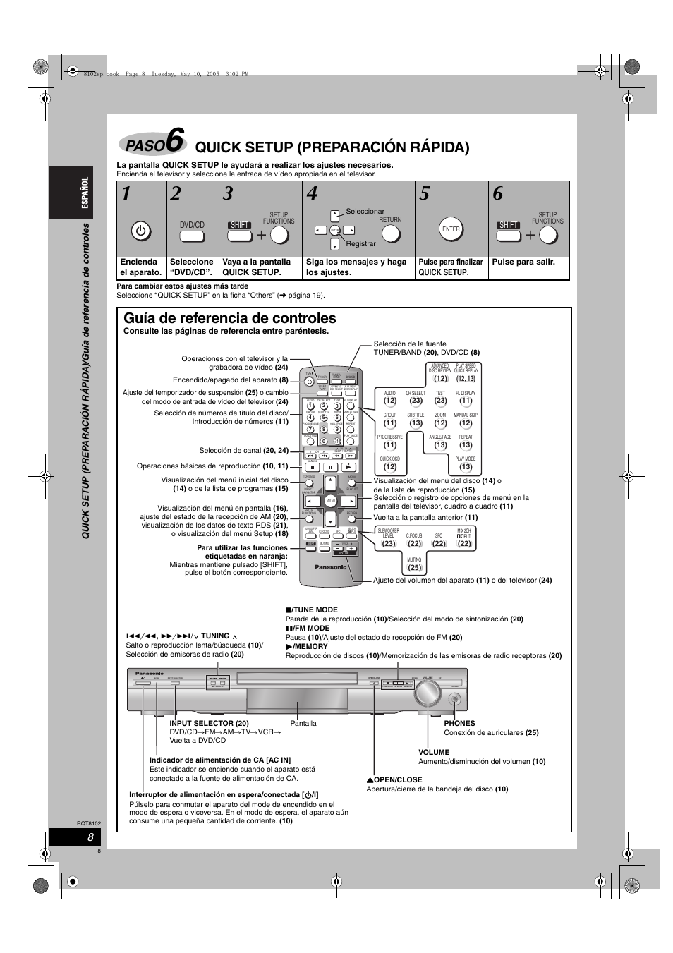 Paso, Quick setup (preparación rápida), Guía de referencia de controles | Panasonic SCHT335 User Manual | Page 8 / 92