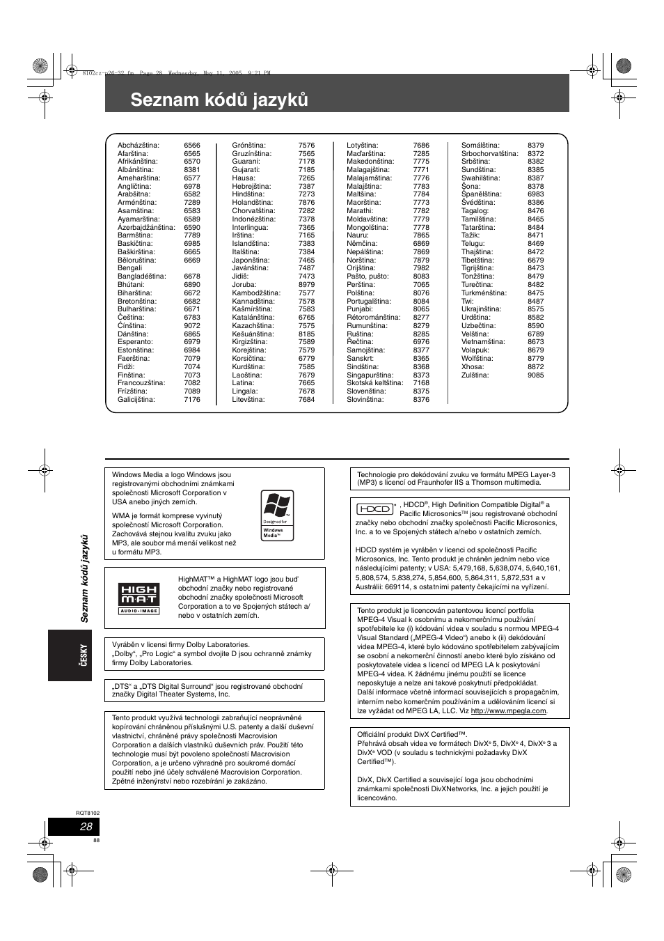 Seznam kódů jazyků | Panasonic SCHT335 User Manual | Page 88 / 92