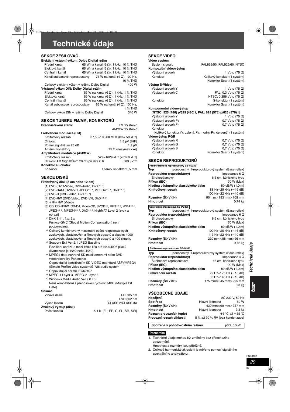 Technické údaje | Panasonic SCHT335 User Manual | Page 89 / 92