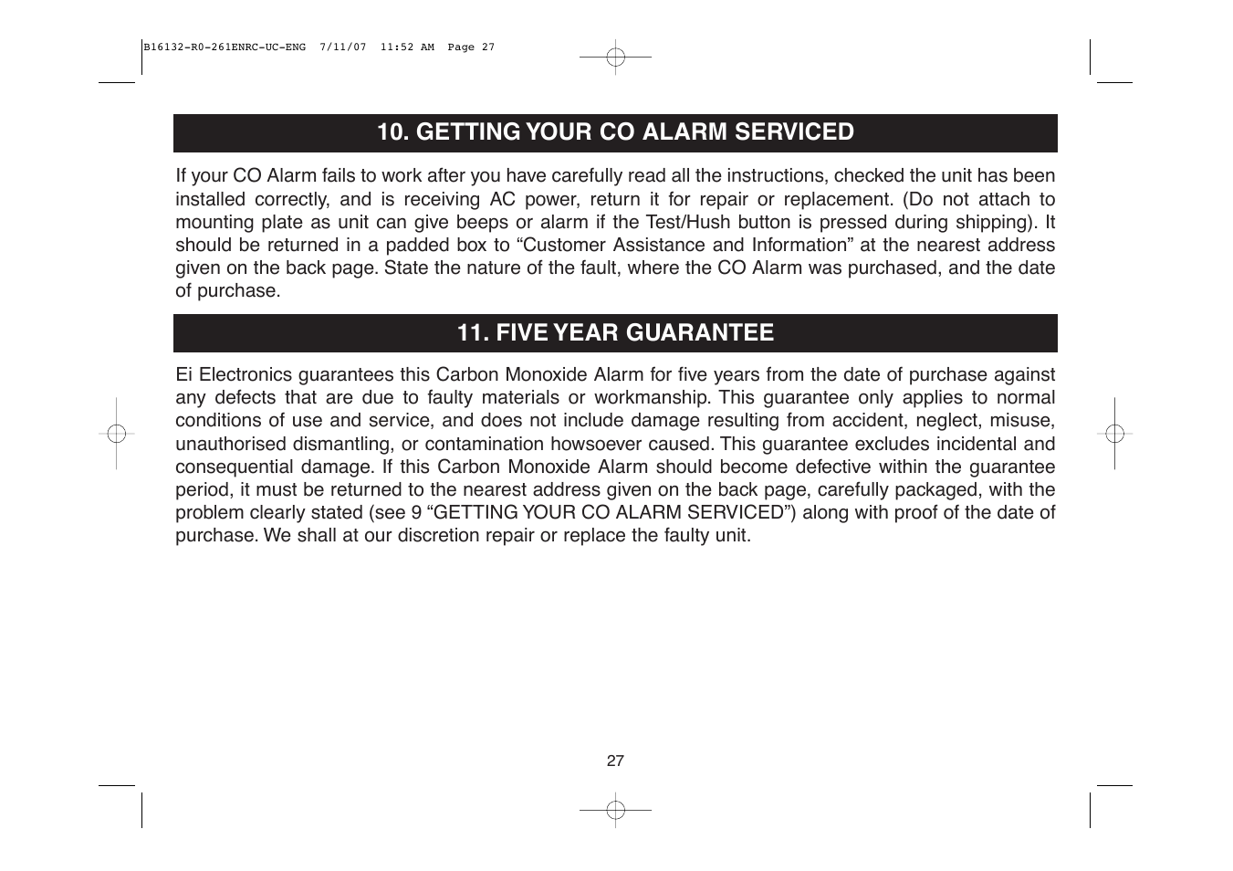 Getting your co alarm serviced, Five year guarantee | Aico Ei261DENRC User Manual | Page 27 / 34