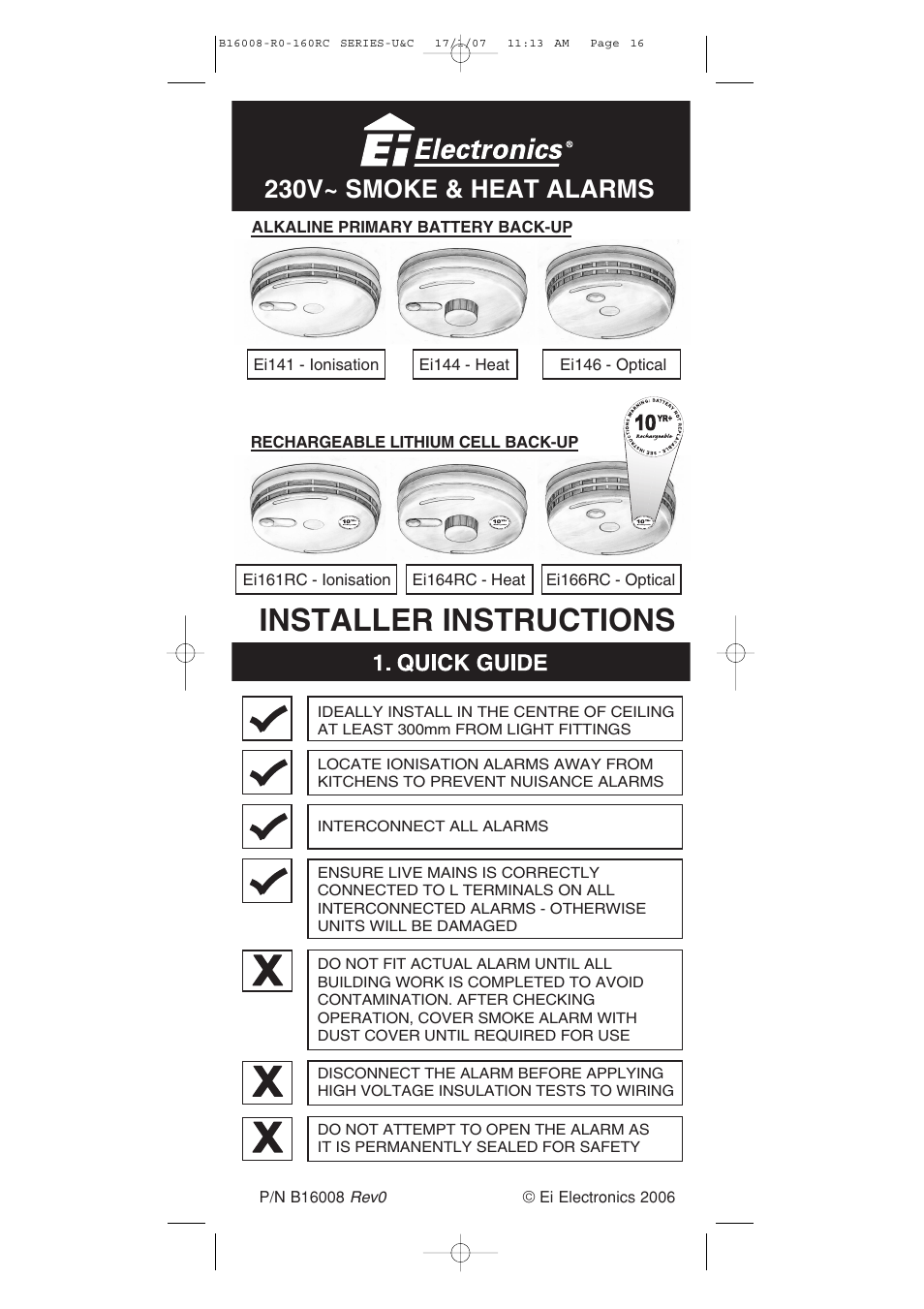 Installer instructions, 230v~ smoke & heat alarms | Aico Ei168RC User Manual | Page 16 / 16