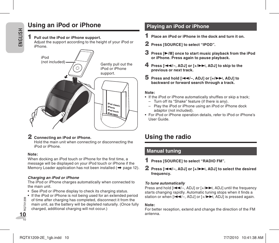 Using the radio, Using an ipod or iphone 1 | Panasonic RCDC1EG User Manual | Page 10 / 76