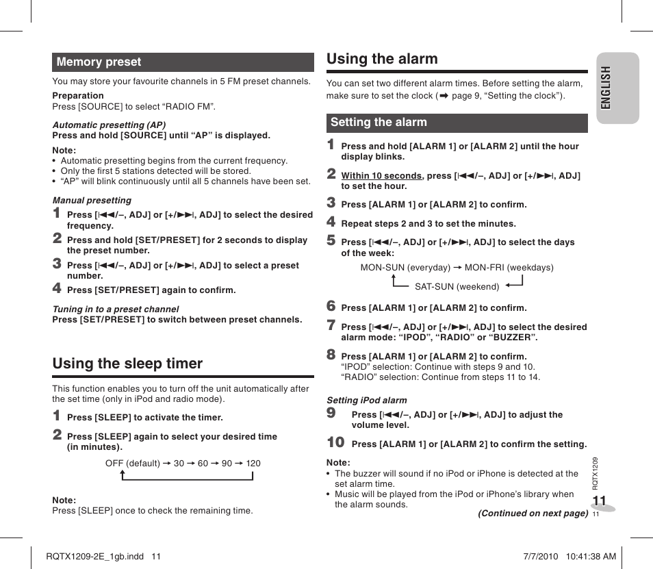 Using the alarm, Using the sleep timer | Panasonic RCDC1EG User Manual | Page 11 / 76