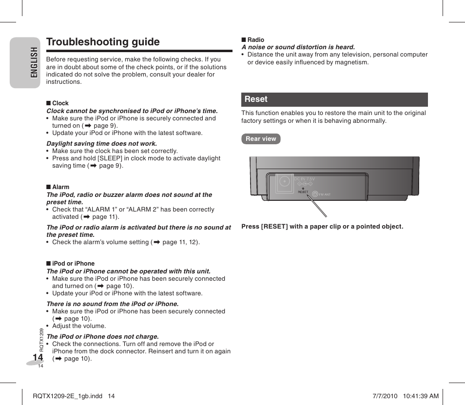 Troubleshooting guide | Panasonic RCDC1EG User Manual | Page 14 / 76