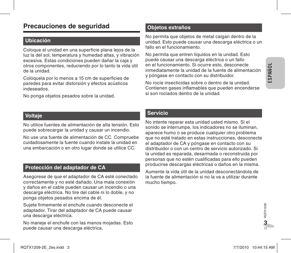 Precauciones de seguridad | Panasonic RCDC1EG User Manual | Page 17 / 76