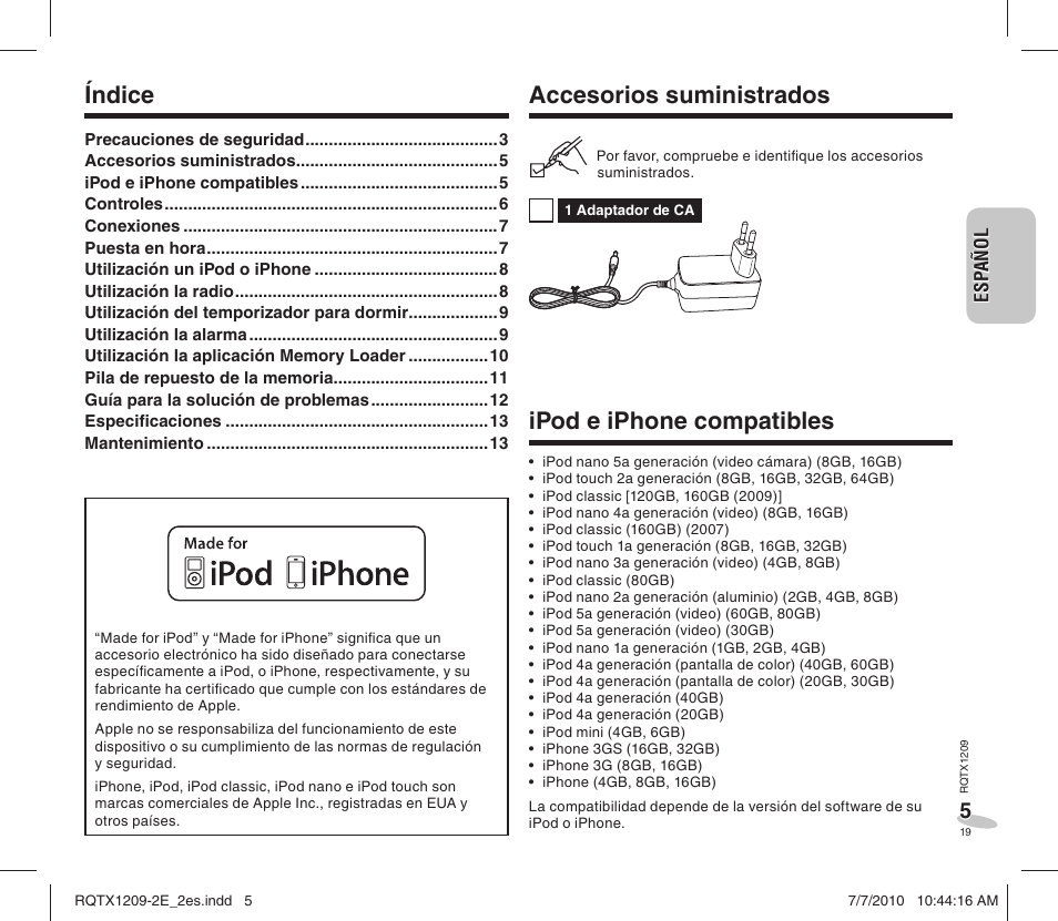 Accesorios suministrados, Ipod e iphone compatibles, Índice | Panasonic RCDC1EG User Manual | Page 19 / 76