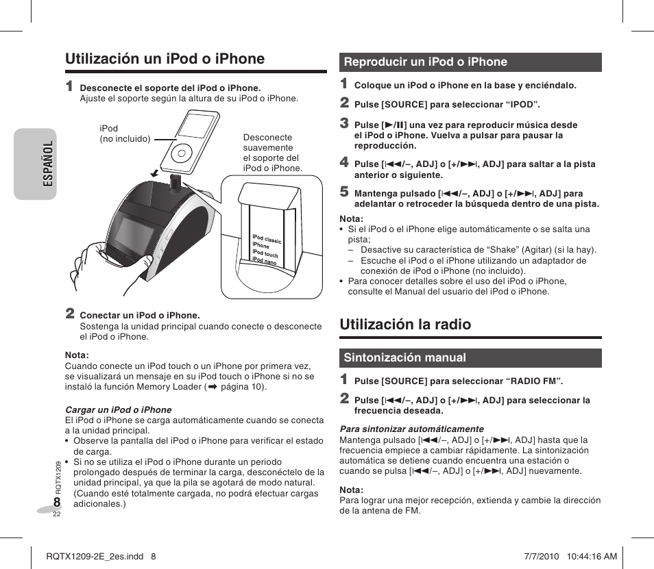 Utilización la radio, Utilización un ipod o iphone 1 | Panasonic RCDC1EG User Manual | Page 22 / 76