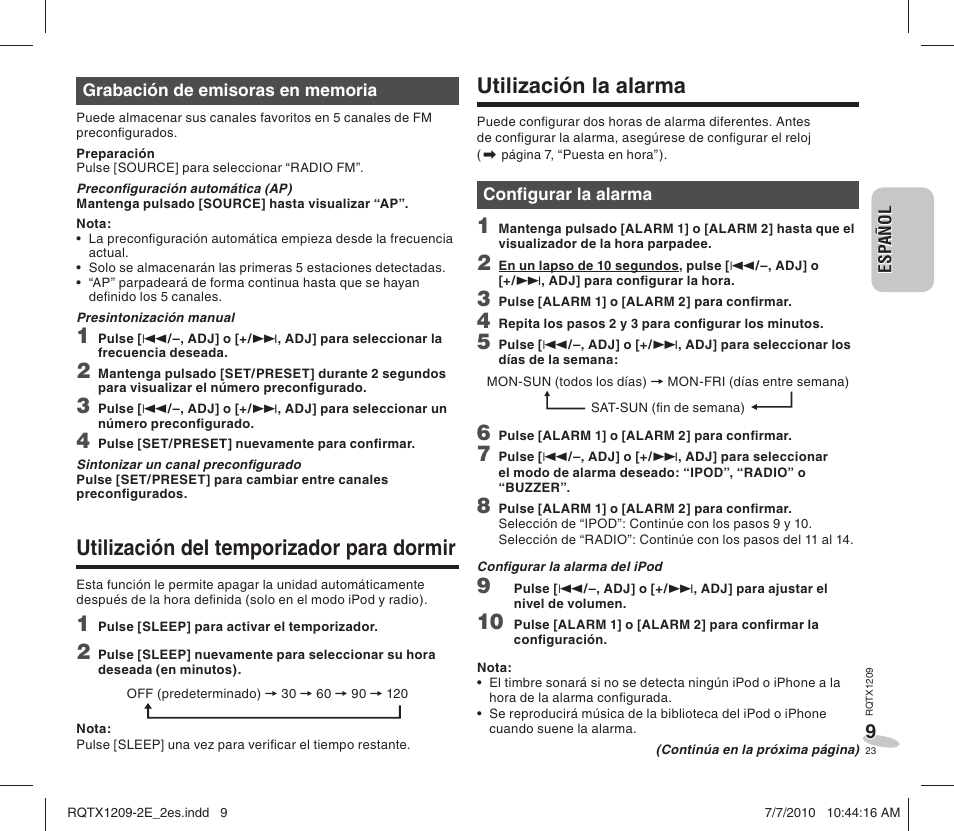 Utilización la alarma, Utilización del temporizador para dormir | Panasonic RCDC1EG User Manual | Page 23 / 76