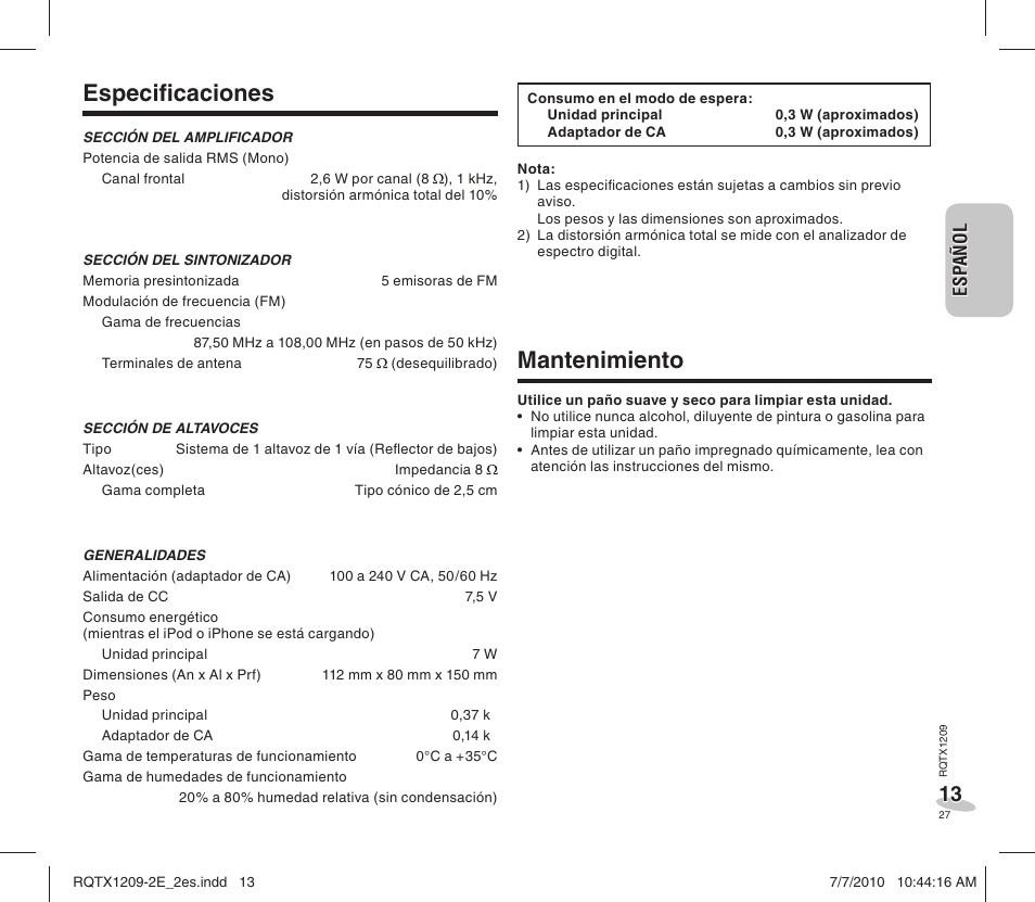 Especifi caciones, Mantenimiento | Panasonic RCDC1EG User Manual | Page 27 / 76