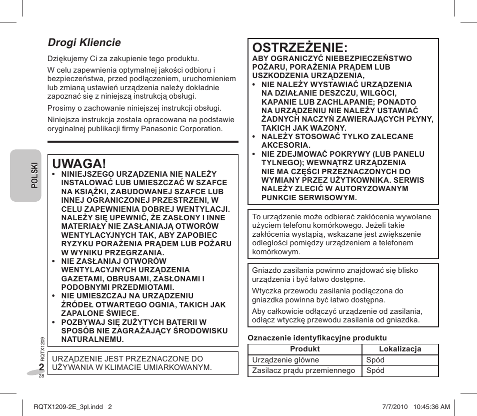 Uwaga, Ostrzeżenie, Drogi kliencie | Panasonic RCDC1EG User Manual | Page 28 / 76