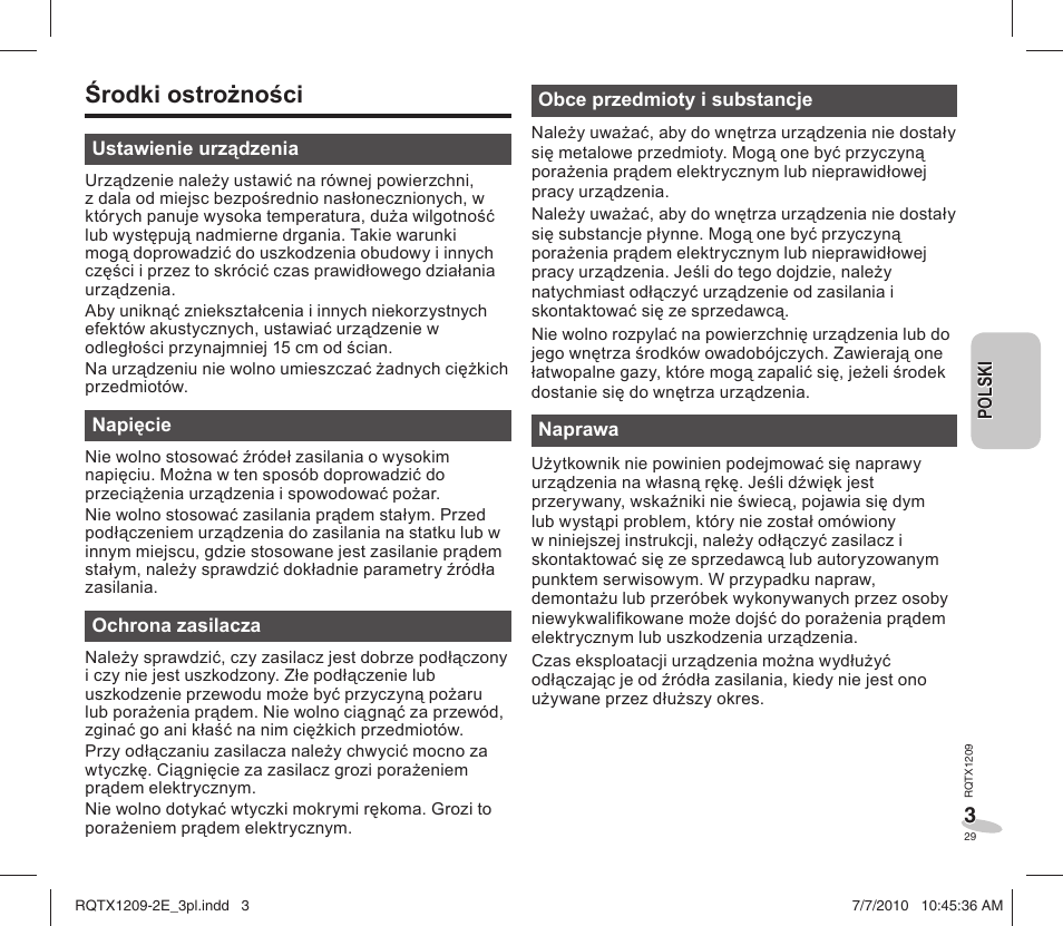 Środki ostrożności | Panasonic RCDC1EG User Manual | Page 29 / 76