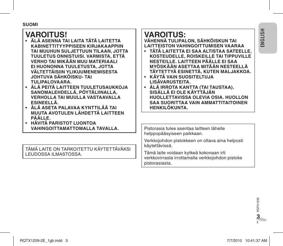 Varoitus | Panasonic RCDC1EG User Manual | Page 3 / 76