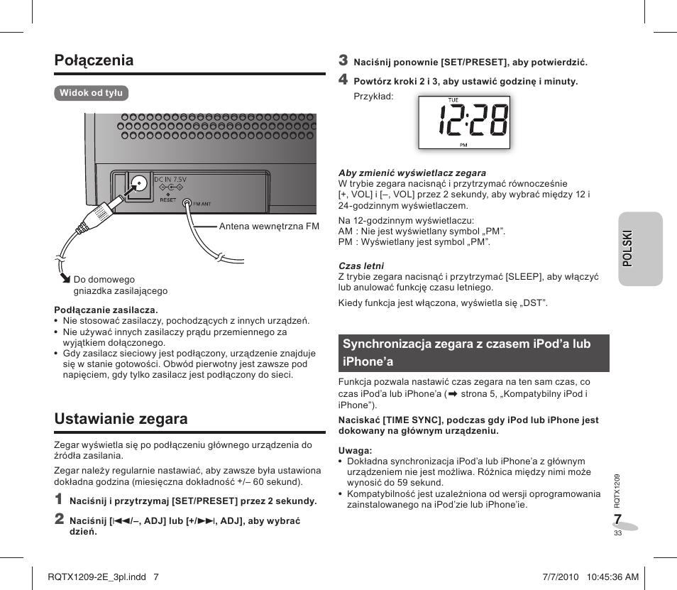 Połączenia, Ustawianie zegara | Panasonic RCDC1EG User Manual | Page 33 / 76