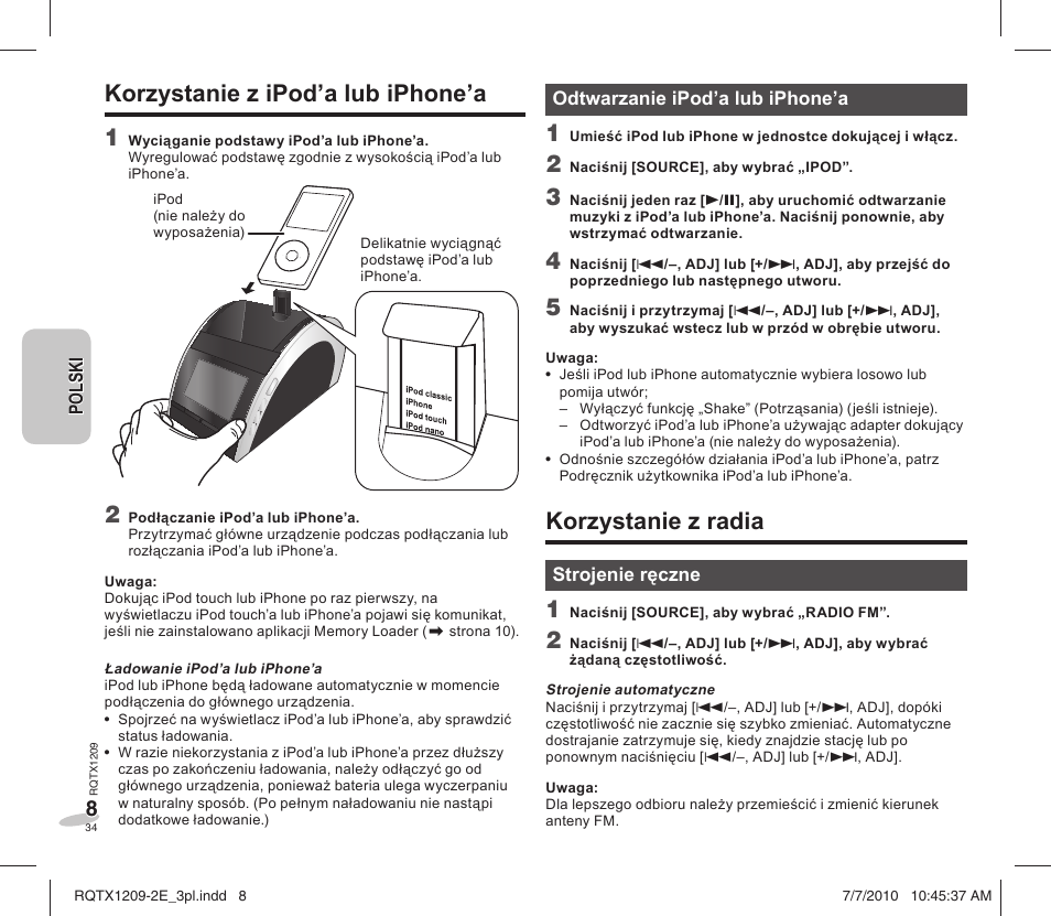 Korzystanie z radia, Korzystanie z ipod’a lub iphone’a 1 | Panasonic RCDC1EG User Manual | Page 34 / 76