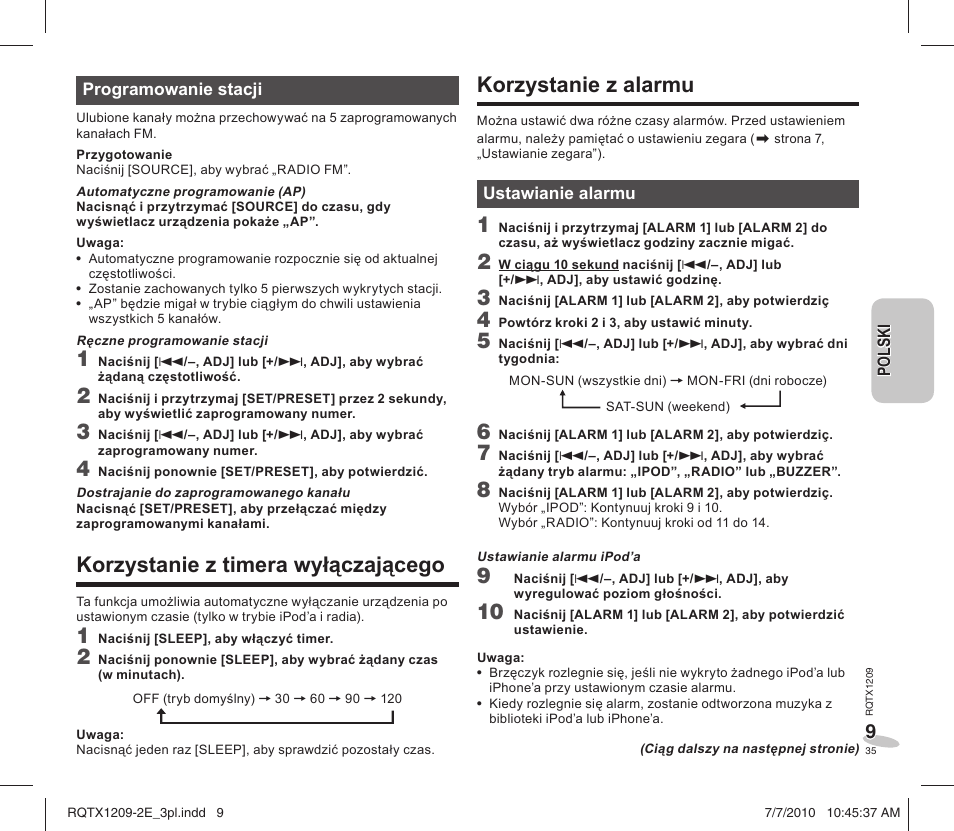 Korzystanie z alarmu, Korzystanie z timera wyłączającego | Panasonic RCDC1EG User Manual | Page 35 / 76