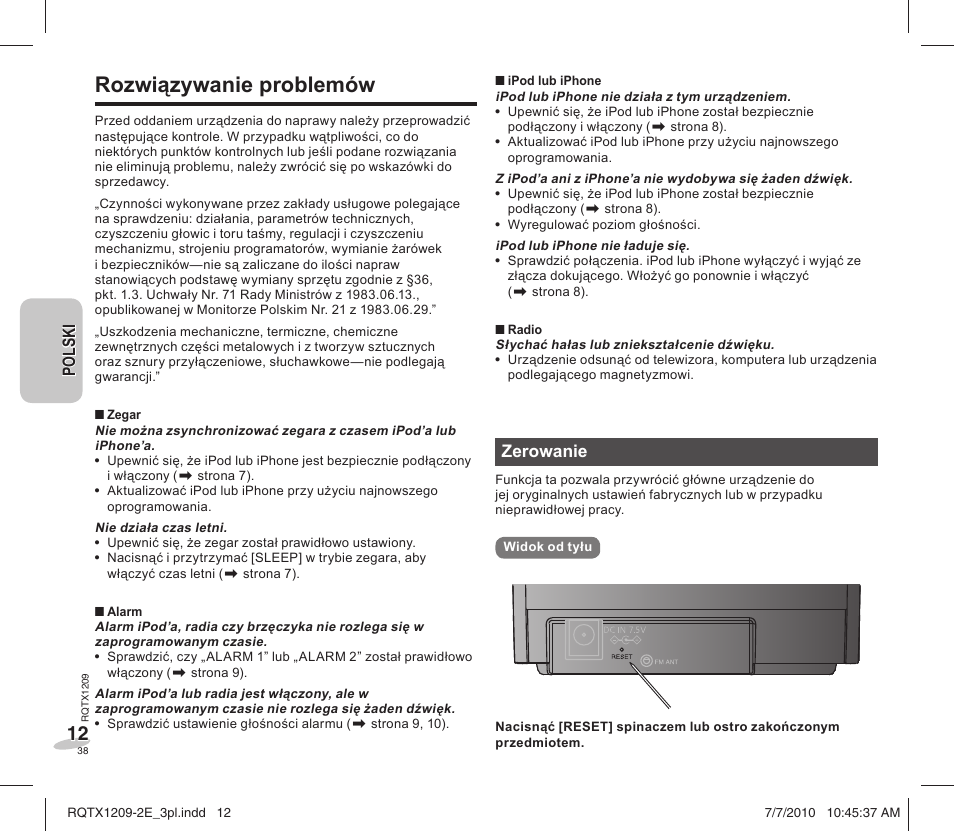 Rozwiązywanie problemów | Panasonic RCDC1EG User Manual | Page 38 / 76