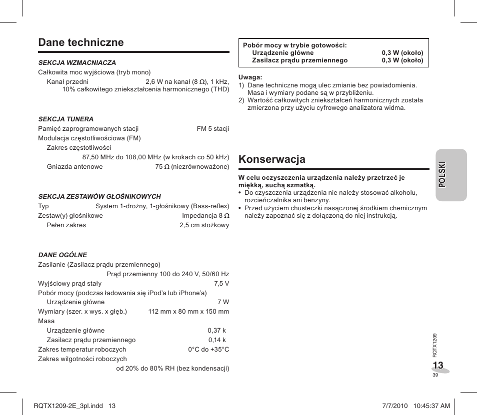 Dane techniczne, Konserwacja | Panasonic RCDC1EG User Manual | Page 39 / 76