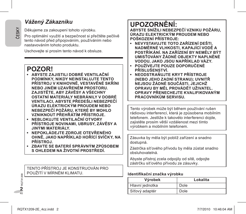 Pozor, Upozornění, Vážený zákazníku | Panasonic RCDC1EG User Manual | Page 40 / 76