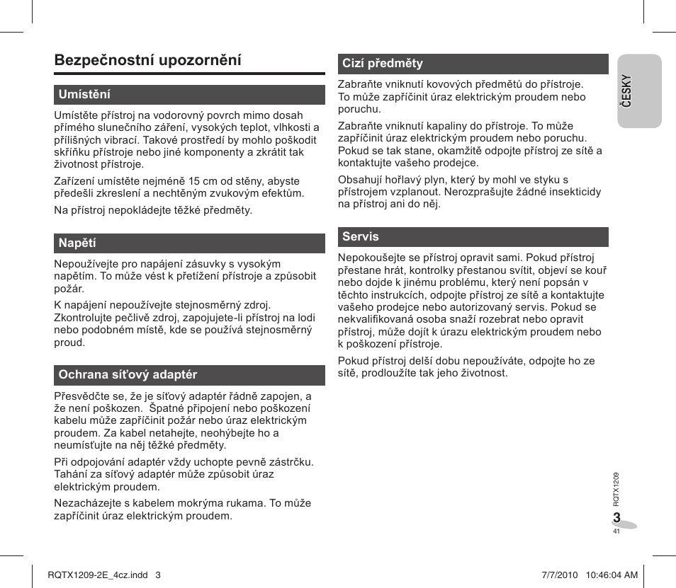 Bezpečnostní upozornění | Panasonic RCDC1EG User Manual | Page 41 / 76