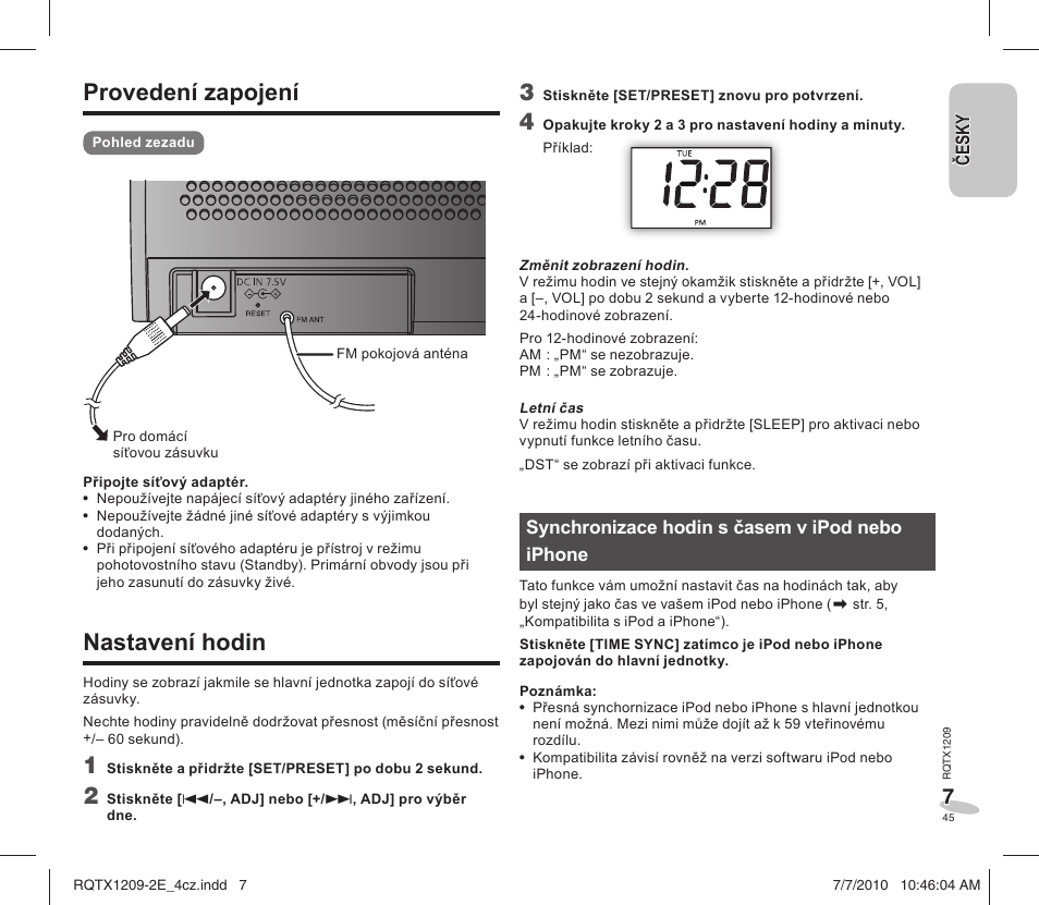 Provedení zapojení, Nastavení hodin | Panasonic RCDC1EG User Manual | Page 45 / 76