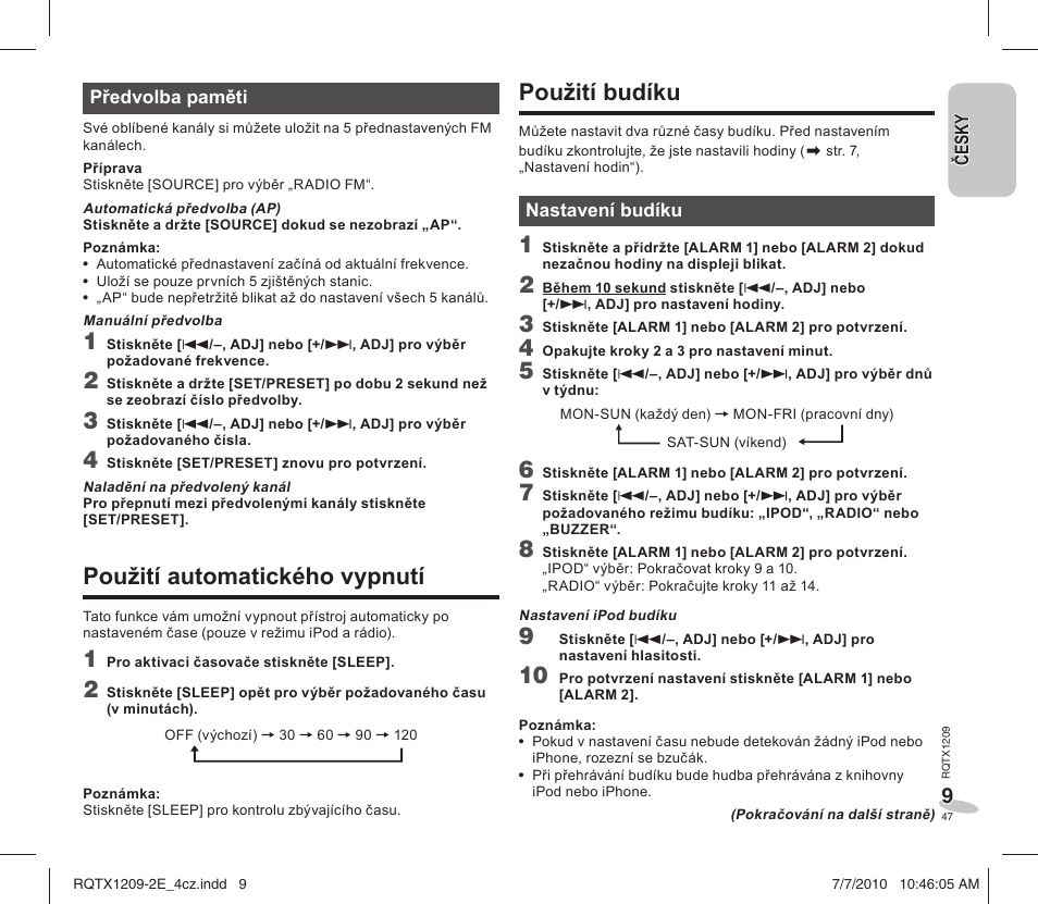 Použití budíku, Použití automatického vypnutí | Panasonic RCDC1EG User Manual | Page 47 / 76