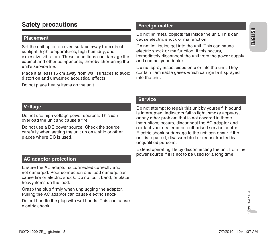 Safety precautions | Panasonic RCDC1EG User Manual | Page 5 / 76