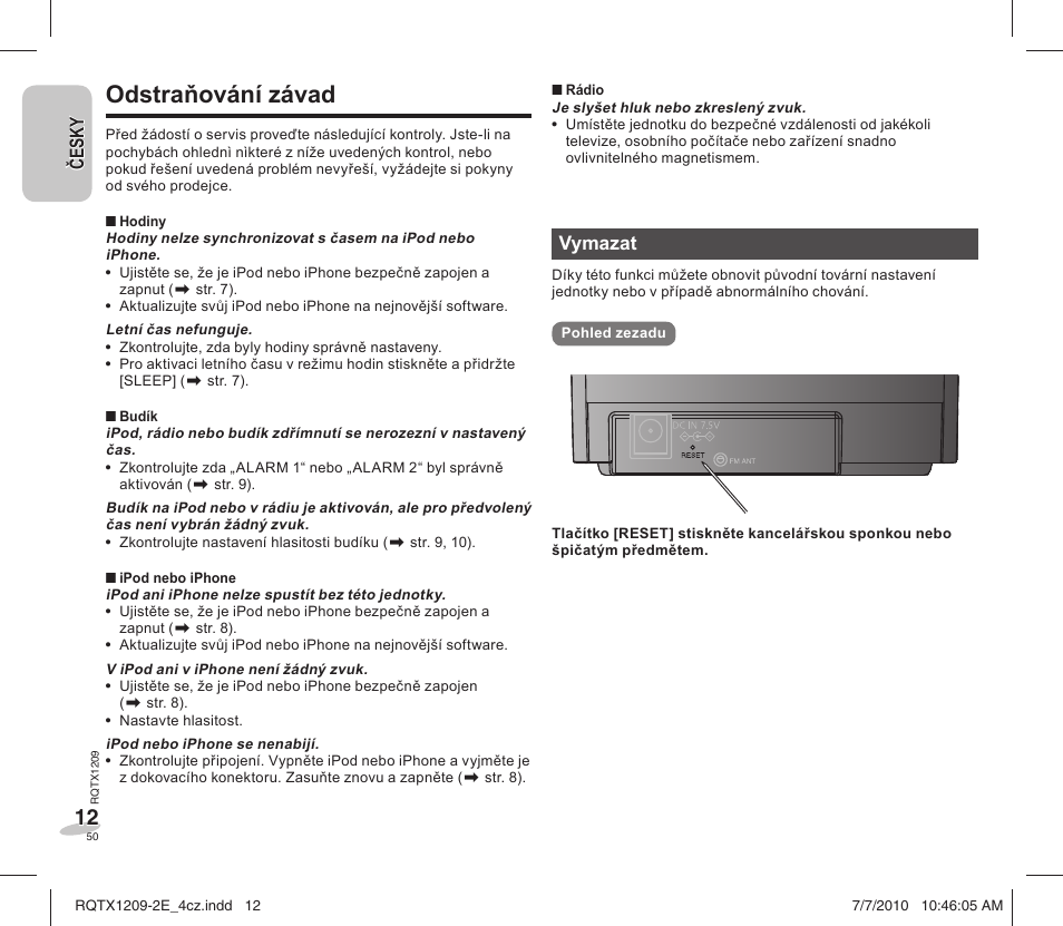 Odstraňování závad | Panasonic RCDC1EG User Manual | Page 50 / 76