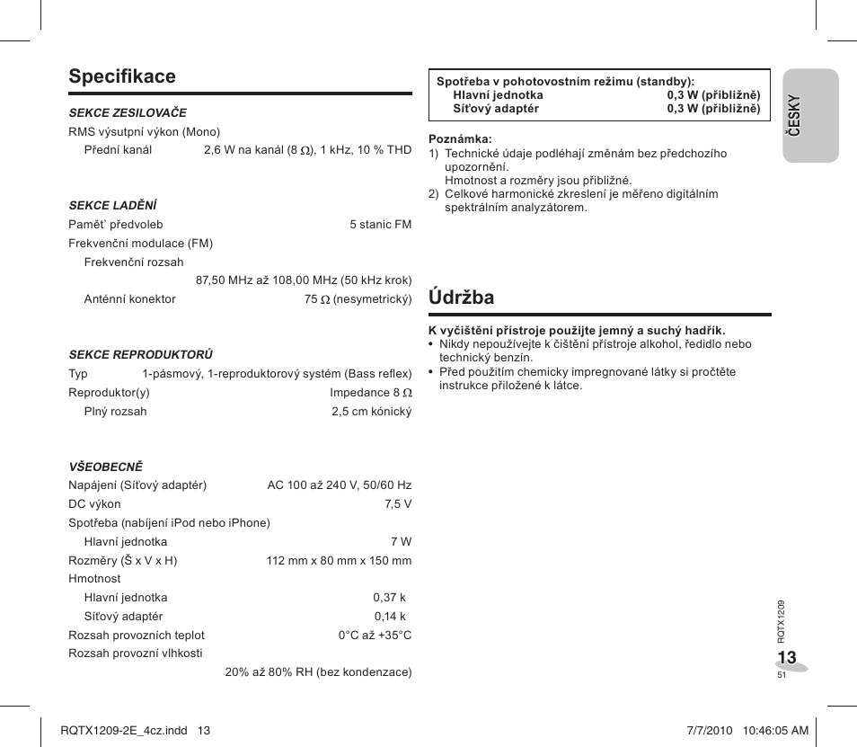 Specifi kace, Údržba | Panasonic RCDC1EG User Manual | Page 51 / 76