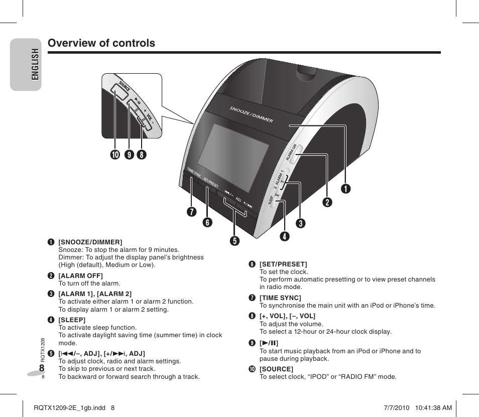 Overview of controls | Panasonic RCDC1EG User Manual | Page 8 / 76