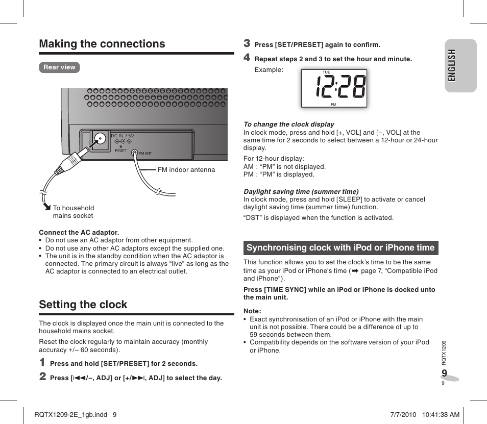 Making the connections, Setting the clock | Panasonic RCDC1EG User Manual | Page 9 / 76