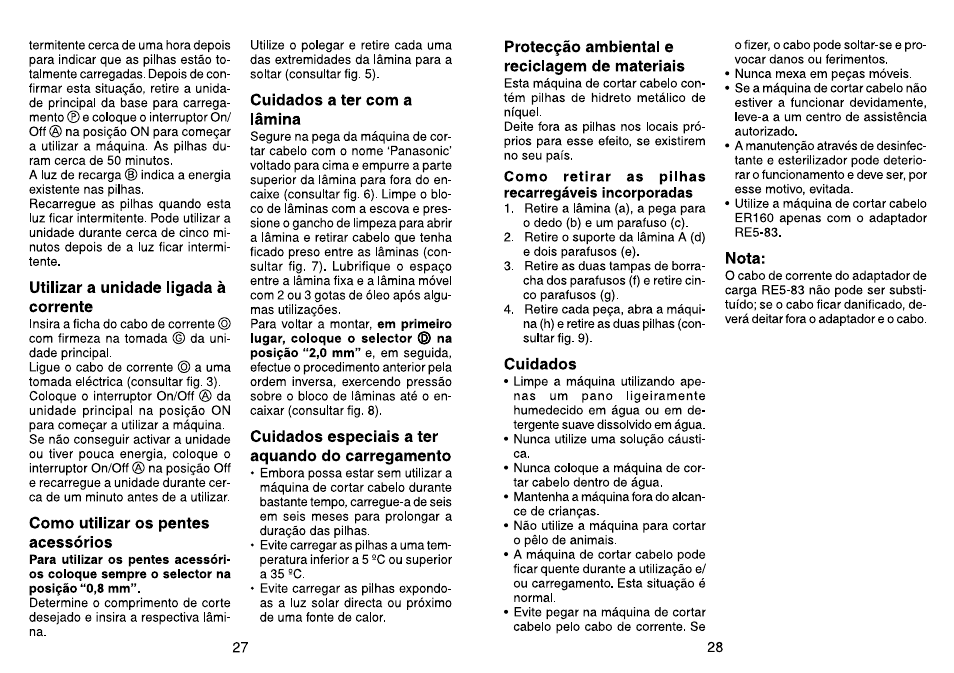 Como retirar as piihas recarregáveis incorporadas | Panasonic ER160 User Manual | Page 15 / 30